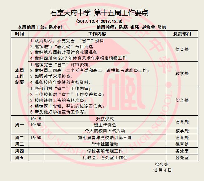 石室天府中学 第十五周工作要点